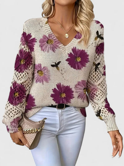 Evelina™ | Floral Knit V-Neck Sweater