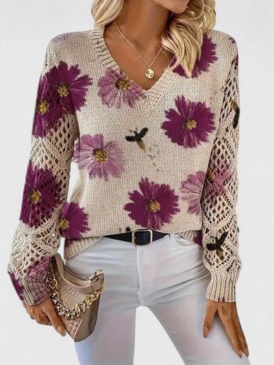 Evelina™ | Floral Knit V-Neck Sweater