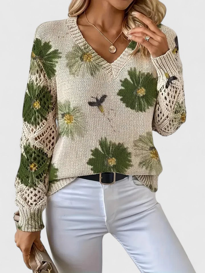 Evelina™ | Floral Knit V-Neck Sweater