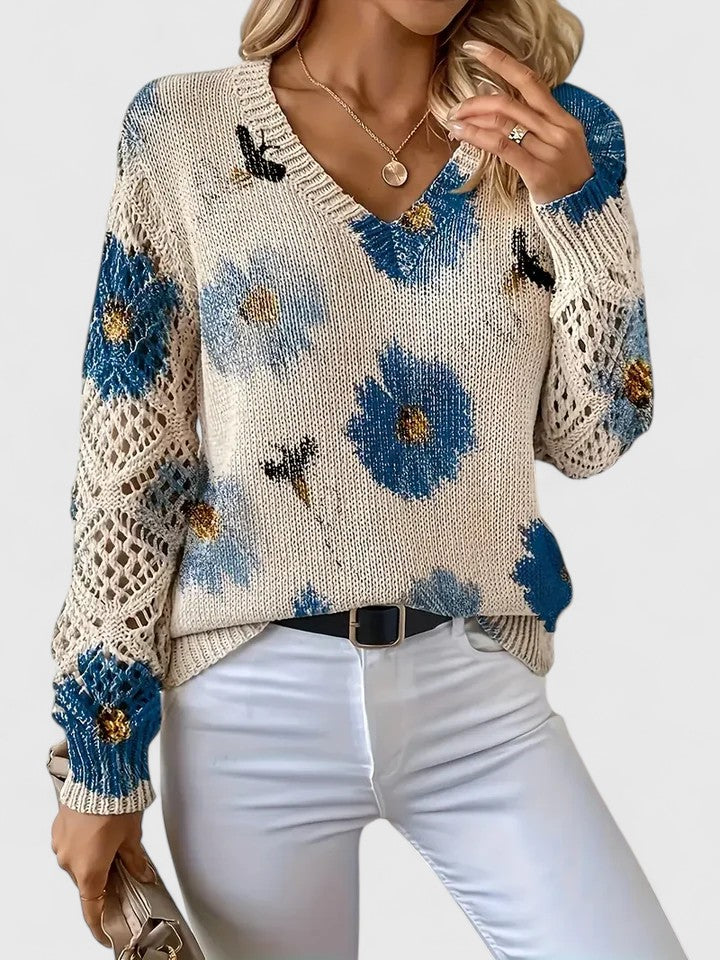 Evelina™ | Floral Knit V-Neck Sweater