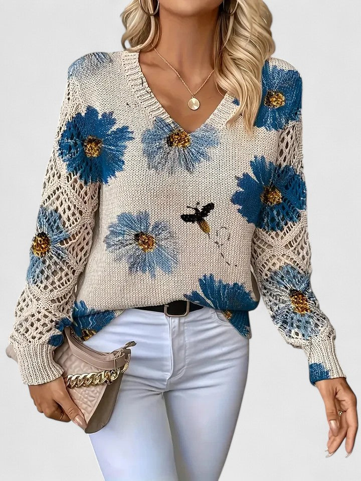 Evelina™ | Floral Knit V-Neck Sweater