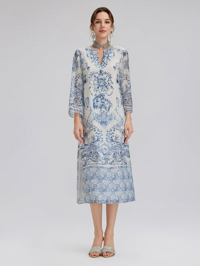 Willa™ | Silk Italian Floral Printed V-Neckline Dress