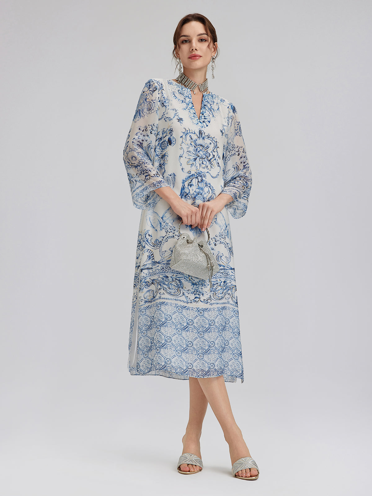 Willa™ | Silk Italian Floral Printed V-Neckline Dress
