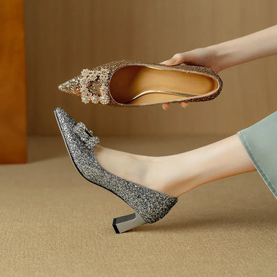 Lynelle™ | Glitter Pointed-Toe Block Heels