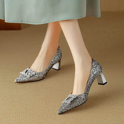 Lynelle™ | Glitter Pointed-Toe Block Heels