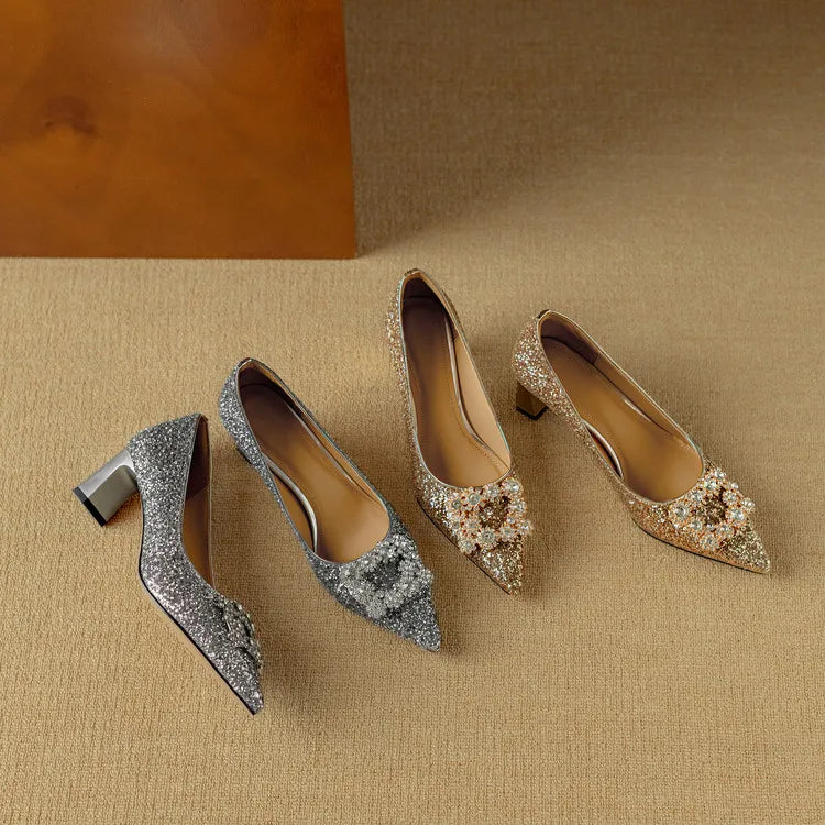 Lynelle™ | Glitter Pointed-Toe Block Heels