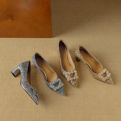 Lynelle™ | Glitter Pointed-Toe Block Heels