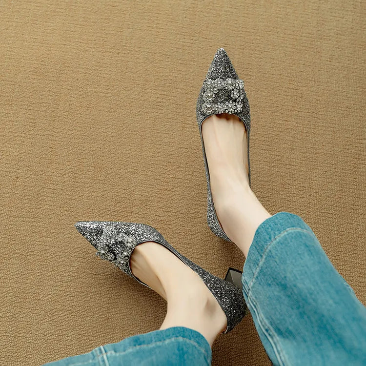 Lynelle™ | Glitter Pointed-Toe Block Heels