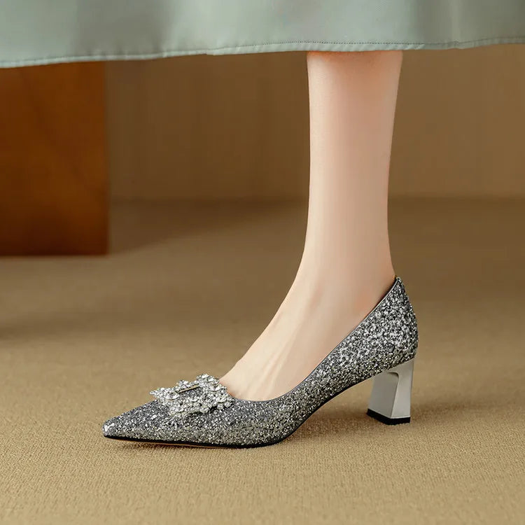 Lynelle™ | Glitter Pointed-Toe Block Heels
