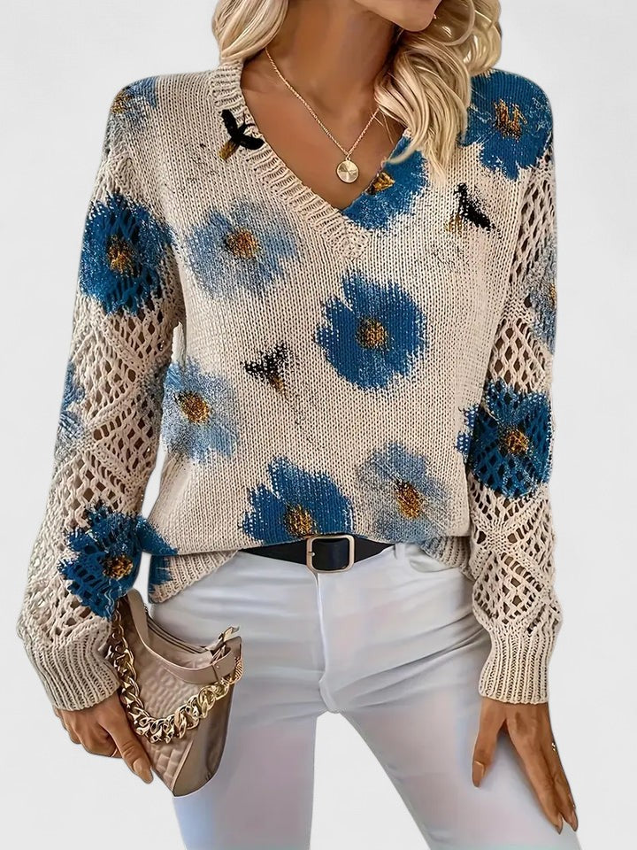 Evelina™ | Floral Knit V-Neck Sweater