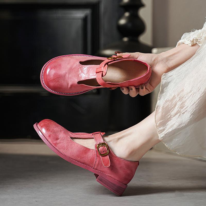 Sylviane™ | Retro Buckle T-Strap Leather Flats