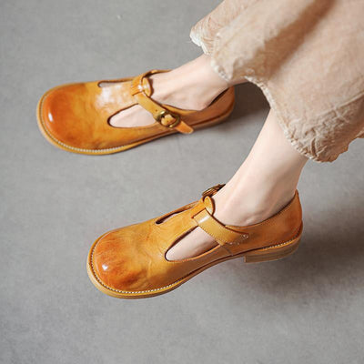 Sylviane™ | Retro Buckle T-Strap Leather Flats
