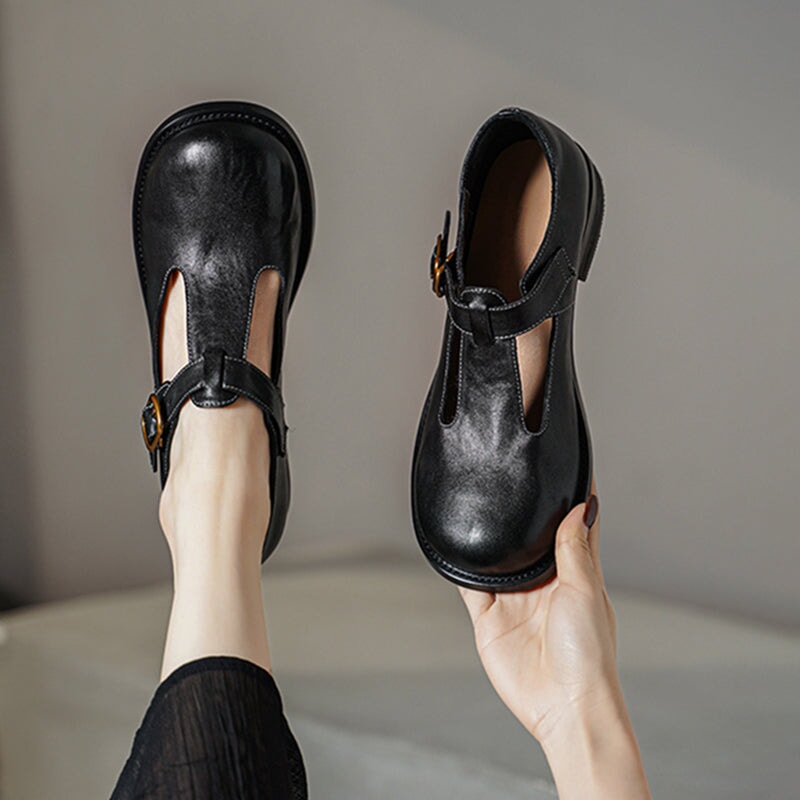 Sylviane™ | Retro Buckle T-Strap Leather Flats
