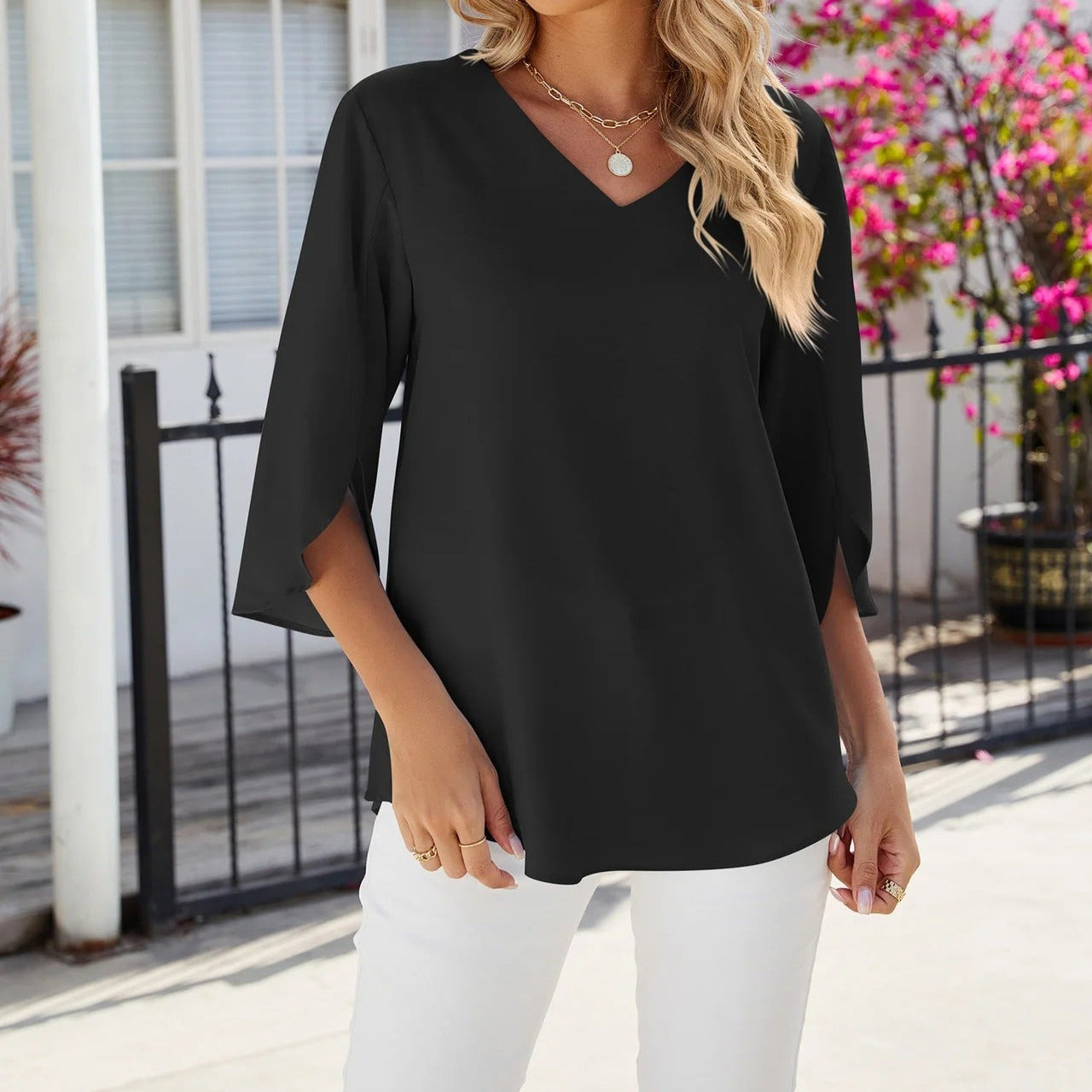 Eveliora™ | Ruffled V-Neck Blouse