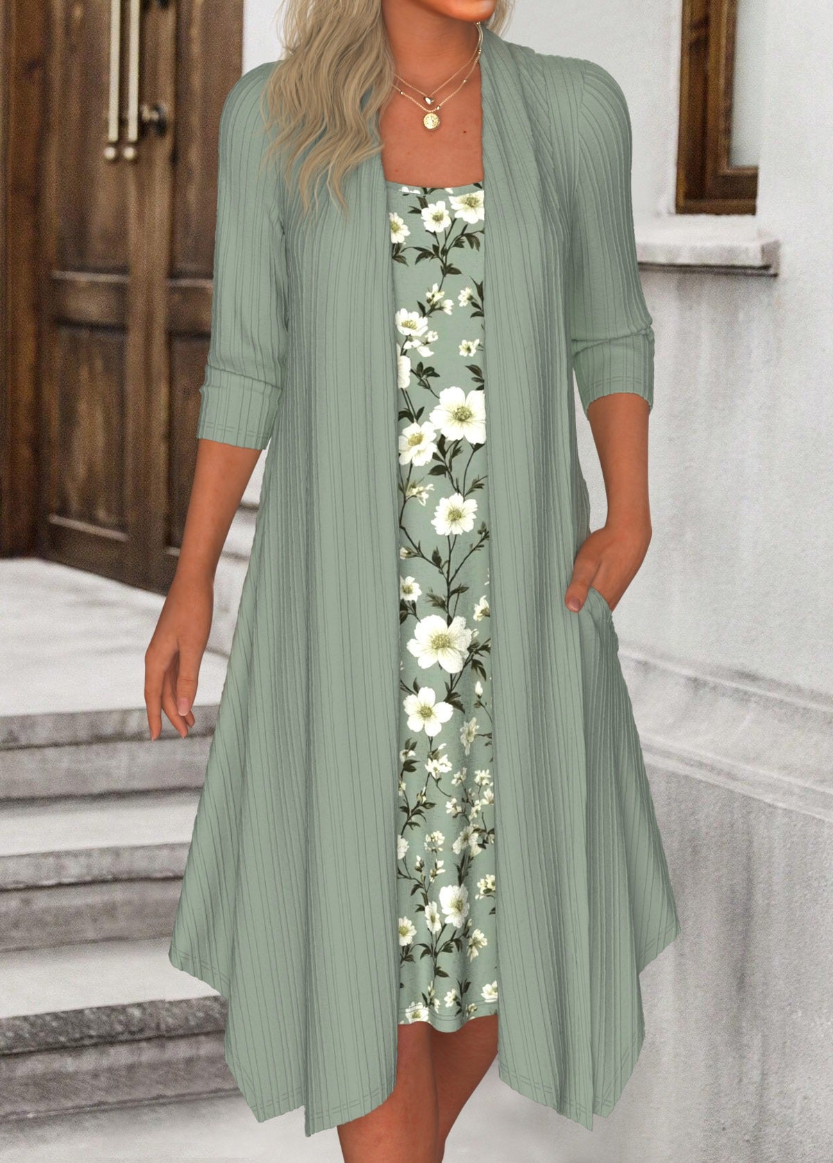 Serenelle™ | Floral Layered Cardigan Midi Dress