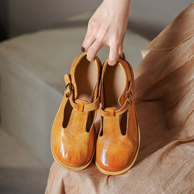 Sylviane™ | Retro Buckle T-Strap Leather Flats