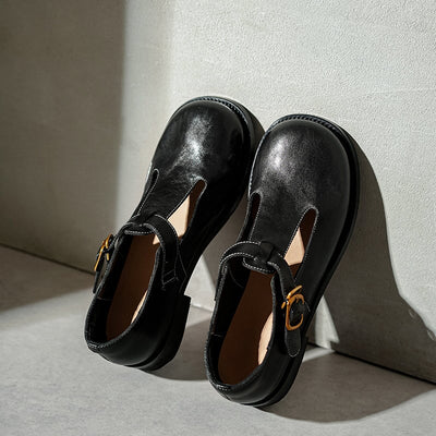 Sylviane™ | Retro Buckle T-Strap Leather Flats