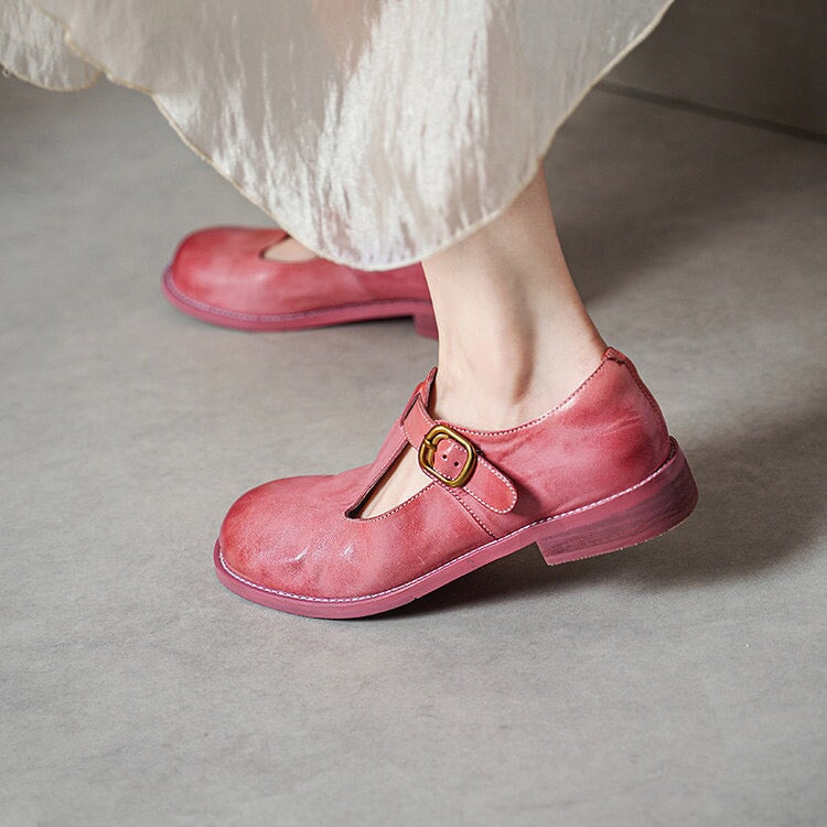 Sylviane™ | Retro Buckle T-Strap Leather Flats