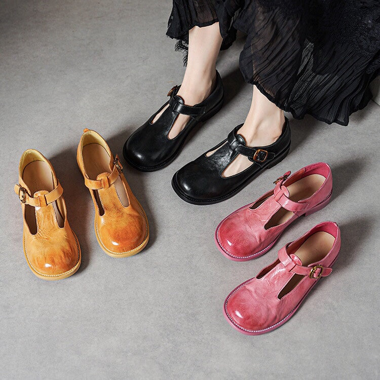 Sylviane™ | Retro Buckle T-Strap Leather Flats