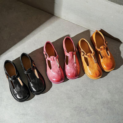 Sylviane™ | Retro Buckle T-Strap Leather Flats
