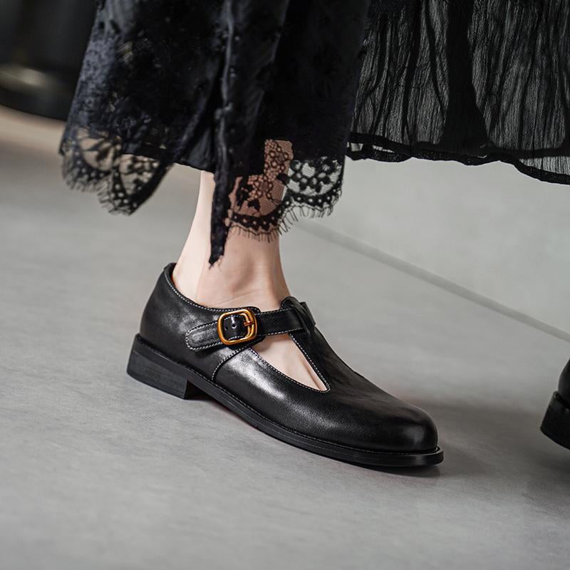 Sylviane™ | Retro Buckle T-Strap Leather Flats
