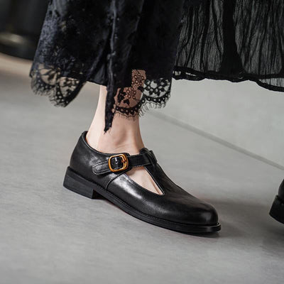 Sylviane™ | Retro Buckle T-Strap Leather Flats