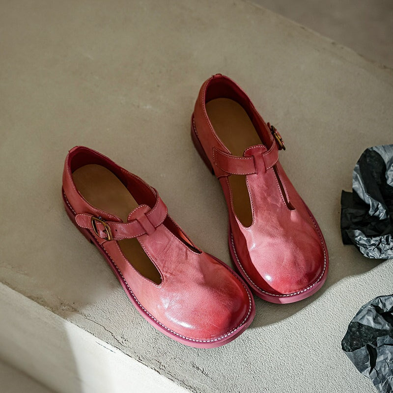 Sylviane™ | Retro Buckle T-Strap Leather Flats
